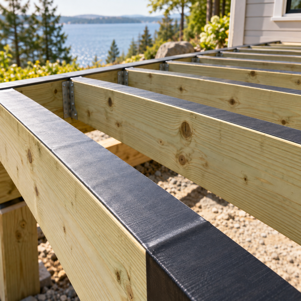 Joist and beam tape installed over pressure-treated deck framing