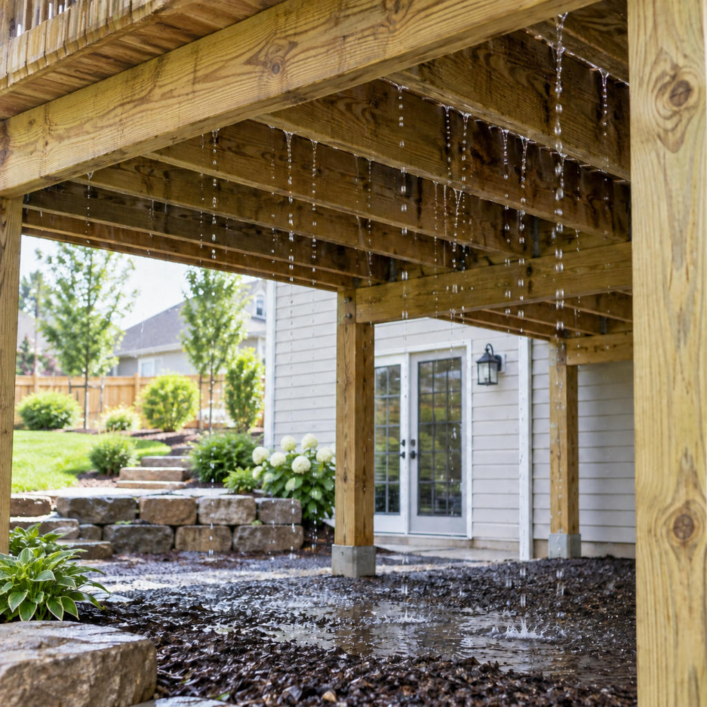Deck with no under-deck drainage system