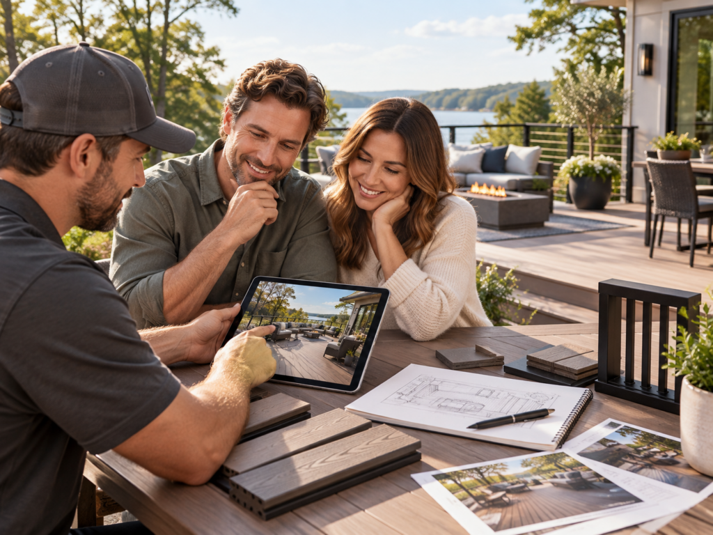 Homeowners planning a deck with a builder